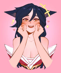 Rule 34 | 1girl, absurdres, ahri (league of legends), animal ears, bare shoulders, black hair, breasts, cheek pinching, cheek pull, cleavage, collarbone, facial mark, fox ears, fox girl, hand on another&#039;s cheek, hand on another&#039;s face, happy, highres, kitsune, kyuubi, league of legends, long hair, looking at viewer, medium breasts, non-web source, open mouth, pinching, raida (raidasart), simple background, smile, whisker markings, yellow eyes