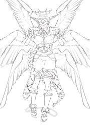 Rule 34 | 1girl, angel, angel wings, arms behind back, barefoot, bdsm, bondage, bound, braid, breasts, covered eyes, facing viewer, feathered wings, greyscale, halo, head wings, highres, jewelry, large breasts, long hair, maritan (pixelmaritan), monochrome, monster girl encyclopedia, monster girl encyclopedia ii, multiple wings, nipples, nude, original, parted lips, pussy, seraph, simple background, single braid, smile, solo, spread wings, standing, toe ring, valkyrie (monster girl encyclopedia), very long hair, visor (armor), white background, wings