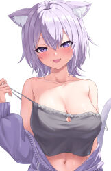 Rule 34 | 1girl, absurdres, ahoge, animal ear fluff, animal ears, black camisole, blush, breasts, camisole, cat ears, cat girl, cat tail, cleavage, cleavage cutout, clothing cutout, highres, hololive, jacket, large breasts, leeshin0919, looking at viewer, medium hair, nekomata okayu, nekomata okayu (membership), official alternate costume, open clothes, open jacket, open mouth, purple eyes, purple hair, purple jacket, smile, tail, virtual youtuber, white background