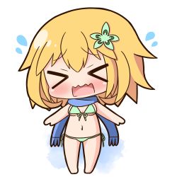 Rule 34 | &gt; &lt;, 1girl, bare arms, bare legs, bare shoulders, barefoot, bikini, blonde hair, blue scarf, blush, breasts, chibi, tapris chisaki sugarbell, commentary request, closed eyes, facing viewer, flying sweatdrops, fringe trim, front-tie bikini top, front-tie top, full body, gabriel dropout, green bikini, hana kazari, head tilt, medium breasts, navel, open mouth, scarf, side-tie bikini bottom, solo, standing, swimsuit, wavy mouth, white background