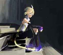 Rule 34 | 1boy, aqua eyes, bare shoulders, belt, black legwear, black shorts, black sleeves, blonde hair, commentary, d futagosaikyou, detached sleeves, from side, glowing, headphones, highres, kagamine len, kagamine len (append), leg warmers, looking at viewer, looking to the side, male focus, protected link, shadow, shirt, shorts, sidelighting, sideways glance, sitting, sleeveless, sleeveless shirt, smile, solo, stairs, turtleneck, vocaloid, vocaloid append, white shirt