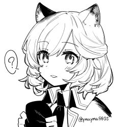 Rule 34 | 1girl, ?, animal ear fluff, animal ears, arknights, cat ears, cat girl, greyscale, hair between eyes, highres, holding, jacket, long sleeves, looking at viewer, monochrome, mousse (arknights), multicolored hair, shirt, short hair, simple background, solo, tongue, tongue out, twitter username, white background, white hair, white shirt, yom (ymayma00ss)