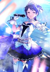 Rule 34 | 1girl, bare shoulders, black eyes, blue hair, blurry, blurry background, blurry foreground, choker, collarbone, dress, frilled choker, frilled dress, frills, gem, gloves, glowstick, highres, holding, holding microphone, idolmaster, idolmaster cinderella girls, idolmaster cinderella girls starlight stage, jewelry, layered dress, looking at viewer, microphone, necklace, pearl (gemstone), reaching, reaching towards viewer, short hair, solo, spotlight, stage, stage lights, starry sky bright (idolmaster), teiki keno, thighhighs, tiara, wakui rumi, white choker, white gloves, white thighhighs