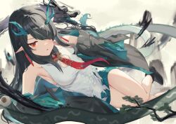 Rule 34 | 1girl, absurdres, arknights, black hair, commentary request, dragon girl, dragon horns, dragon tail, dusk (arknights), earrings, gradient skin, green horns, highres, holding, holding paintbrush, horns, jewelry, looking at viewer, multicolored hair, paintbrush, pointy ears, red eyes, shitomu1, solo, streaked hair, tail, tassel, tassel earrings