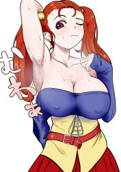 Rule 34 | 1girl, absurdres, arm out of sleeve, arm up, armpits, bare shoulders, breasts, check commentary, cleavage, collarbone, commentary, commentary request, corset, covered erect nipples, dragon quest, dragon quest viii, eyelashes, highres, jessica albert, large breasts, long hair, long sleeves, looking down, one eye closed, orange hair, presenting armpit, purple shirt, red eyes, shirt, simple background, sound effects, steam, translation request, twintails, upper body, white background, yahow