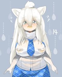 Rule 34 | 1girl, animal ear fluff, animal ears, blue necktie, blue skirt, blush, breasts, commentary request, covered erect nipples, cowboy shot, elbow gloves, flying sweatdrops, fur collar, gloves, grey background, grey eyes, hair between eyes, highres, kemono friends, large breasts, lets0020, lion ears, lion girl, long bangs, long hair, looking at viewer, necktie, numbered, open mouth, plaid, plaid necktie, plaid skirt, shirt, skirt, smile, solo, tearing up, water drop, wet, wet clothes, wet hair, wet shirt, white gloves, white hair, white lion (kemono friends), white shirt