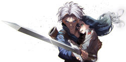 Rule 34 | 1boy, 1girl, absurdres, blue eyes, blue jacket, clenched teeth, commentary request, commission, dragon ball, dragonball z, floating hair, glint, grey hair, highres, holding, holding sword, holding weapon, jacket, long hair, long sleeves, looking at viewer, ninto, open mouth, original, protecting, sheath, short hair, sword, teeth, tongue, trunks (dragon ball), trunks (future) (dragon ball), upper body, upper teeth only, weapon