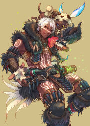 Rule 34 | 1boy, :q, abs, absurdres, animal, animal on shoulder, arm tattoo, armored boots, armpits, bare shoulders, blue eyes, bone armor (monster hunter), boots, cat, chest tattoo, closed mouth, collar, commentary request, cowboy shot, dark-skinned male, dark skin, eating, facial tattoo, feather trim, feathers, feet out of frame, felyne, fingerless gloves, food, fur trim, gloves, glowing, hand up, heterochromia, highres, holding, holding food, insect cage, knee pads, leg tattoo, licking lips, loincloth, looking at another, looking at viewer, male focus, midriff, monster hunter, monster hunter: world, monster hunter (series), muscular, muscular male, mushroom, navel, open mouth, pectorals, short hair, simple background, skull, smile, stomach, stomach tattoo, tattoo, thigh boots, thighhighs, tongue, tongue out, topless male, vest, white hair, yellow eyes, zag