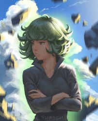 1girl aura black_dress blue_sky cloud crossed_arms curly_hair debris dress flat_chest flipped_hair floating floating_object green_eyes green_hair high_collar highres light_frown long_sleeves looking_to_the_side one-punch_man rock short_hair sky solo suracii tatsumaki upper_body