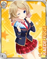 Rule 34 | 1girl, blonde hair, blue eyes, blue jacket, card, character name, closed eye, food, food on face, girlfriend (kari), hand on own face, jacket, necktie, official art, open mouth, plaid, plaid skirt, qp:flapper, red necktie, red skirt, school uniform, shirt, skirt, smile, solo, tagme, white shirt, yellow background, yuge kaede