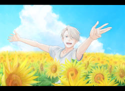 Rule 34 | 1boy, :d, blue eyes, blue sky, cloud, day, flower, letterboxed, male focus, open mouth, outstretched arms, shirt, silver hair, sky, smile, spread arms, sunflower, t-shirt, takeshi (mononohu20), upper body, viktor nikiforov, yuri!!! on ice
