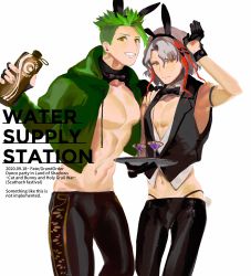 Rule 34 | 2boys, absurdres, achilles (fate), animal ears, bare pectorals, black gloves, black male swimwear, black neckwear, bow, bowtie, cocktail glass, cup, detached collar, drinking glass, english text, fake animal ears, fate/apocrypha, fate/grand order, fate (series), gloves, green hair, green hoodie, grey hair, grin, highres, hood, hoodie, jacket, legskin, looking at viewer, male focus, male playboy bunny, male swimwear, multicolored hair, multiple boys, navel, odysseus (fate), open clothes, open jacket, orange eyes, pectorals, qmiqun, rabbit ears, simple background, smile, streaked hair, swimsuit, tray, undercut, waistcoat, white background, yellow eyes