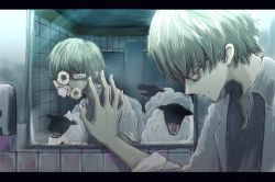 Rule 34 | 1boy, absurdres, bathroom, blue eyes, different reflection, glasses, hair over eyes, halnaga oyogu, hand on mirror, hand up, highres, horror (theme), indoors, lab coat, letterboxed, male focus, mirror, original, reflection, sheep, short hair, teeth