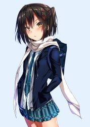 Rule 34 | 1girl, alternate costume, black hair, blue background, brown eyes, hair ornament, hairpin, highres, kantai collection, keita (tundereyuina), long sleeves, looking at viewer, parted lips, sendai (kancolle), simple background, solo, tassel, two side up, v-shaped eyebrows