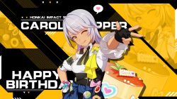 Rule 34 | 1girl, :p, breasts, cake, carole peppers, character name, english text, fingerless gloves, food, gloves, grey hair, hand on own hip, happy birthday, highres, honkai (series), honkai impact 3rd, looking at viewer, medium breasts, official art, official wallpaper, one eye closed, pink ribbon, ribbon, short hair, solo, three-finger salute, tongue, tongue out, upper body, yellow eyes