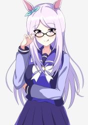 :p absurdres adjusting_eyewear bespectacled breasts glasses hair_ornament highres horse_girl long_hair looking_at_viewer medium_breasts mejiro_mcqueen_(umamusume) motti_(motthi0711) purple_eyes purple_hair school_uniform simple_background tongue tongue_out tracen_school_uniform umamusume white_background