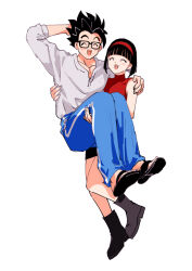 Rule 34 | 1boy, 1girl, :d, ^ ^, arm up, black-framed eyewear, black footwear, black hair, blue pants, blunt bangs, blunt ends, blush, boots, carrying, closed eyes, collarbone, commentary request, dragon ball, dragon ball super, dragon ball super super hero, dress, glasses, hairband, happy, husband and wife, long sleeves, open mouth, pants, pny panya, princess carry, rectangular eyewear, red dress, red hairband, sandals, shirt, short hair, simple background, sleeveless, sleeveless dress, smile, son gohan, spiked hair, turtleneck, turtleneck dress, videl, white background, white shirt