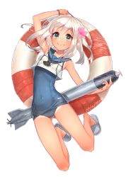 Rule 34 | 10s, 1girl, arm up, bare legs, bare shoulders, blonde hair, blue eyes, bracelet, crop top, feet, highres, holding, innertube, jewelry, kantai collection, lifebuoy, long hair, looking at viewer, mika pikazo, neckerchief, ro-500 (kancolle), sailor collar, school swimsuit, simple background, slippers, smile, solo, swim ring, swimsuit, swimsuit under clothes, tan, tanline, torpedo, white background