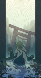 Rule 34 | 1girl, bare shoulders, blue skirt, breasts, commentary request, covered face, crying, detached sleeves, gohei, green hair, hair tubes, hand on own chest, hand on own face, highres, kneeling, kochiya sanae, long hair, medium breasts, outdoors, partially submerged, pillarboxed, rope, ruins, shimenawa, shirt, skirt, sokura (mochichitose), solo, sunburst, torii, torn clothes, touhou, water, white shirt, wide sleeves