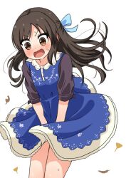 Rule 34 | 1girl, autumn leaves, blue bow, blue dress, blush, bow, brown eyes, brown hair, child, collar, comiching, commentary, cowboy shot, dress, dress tug, flat chest, hair bow, highres, idolmaster, idolmaster cinderella girls, long hair, long sleeves, looking down, open mouth, print dress, sidelocks, solo, sweat, tachibana arisu, thighs, v-shaped eyebrows, white background, white collar, wind