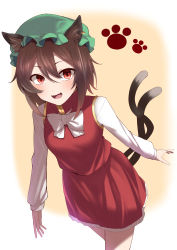 Rule 34 | 1girl, :d, absurdres, animal ear fluff, animal ears, bow, bowtie, breasts, brown hair, cat ears, cat tail, chen, dress, fang, feet out of frame, hat, highres, keenii (kenny86), light blush, looking at viewer, medium breasts, mob cap, multiple tails, nekomata, open mouth, paw print, paw print background, red dress, red eyes, short hair, simple background, skin fang, smile, solo, tail, touhou, two tails, white background, white bow, white bowtie