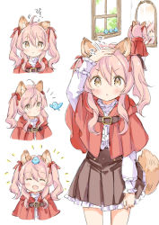 Rule 34 | 1girl, :d, :o, ^ ^, ahoge, animal, animal ear fluff, animal ears, animal on head, arm up, bird, blush, bow, brown eyes, brown skirt, capelet, center frills, closed eyes, closed mouth, commentary request, fang, frilled skirt, frilled sleeves, frills, hair between eyes, hair bow, hood, hood down, hooded capelet, long hair, long sleeves, mirror, multiple views, on head, open mouth, original, parted lips, pink hair, pleated skirt, red bow, red capelet, reflection, shirt, simple background, skirt, smile, tail, translation request, twintails, v-shaped eyebrows, wataame27, wavy mouth, white background, white shirt, window, wolf-chan (wataame27), wolf ears, wolf girl, wolf tail