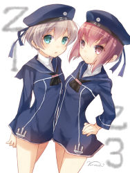Rule 34 | 10s, 2girls, aqua eyes, arms behind back, bad id, bad pixiv id, blonde hair, brown eyes, brown hair, clothes writing, hand on own hip, hat, kantai collection, multiple girls, nunucco, personification, sailor collar, sailor hat, short hair, z1 leberecht maass (kancolle), z3 max schultz (kancolle)