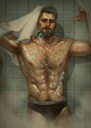 Rule 34 | 1boy, abs, absurdres, bara, black male underwear, body markings, briefs, bulge, chest hair, closed mouth, copyright name, dead by daylight, facial hair, grey hair, highres, holding, holding towel, large pectorals, male focus, male underwear, muscular, muscular male, navel, nipples, pectorals, phindraws, short hair, solo, tattoo, towel, underwear, vittorio toscano