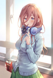 Rule 34 | 1girl, blue cardigan, blue eyes, blush, breasts, cardigan, commentary request, eating, food, go-toubun no hanayome, green skirt, hair between eyes, headphones, headphones around neck, highres, long hair, long sleeves, looking at viewer, medium breasts, mouth hold, nakano miku, nogi momoko, pleated skirt, pocky, red hair, skirt, solo