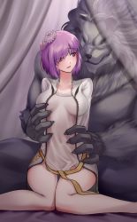 Rule 34 | 1boy, 1girl, absurdres, boggart (fate), fate/grand order, fate (series), furry, furry male, furry with non-furry, highres, imminent penetration, imminent rape, interspecies, mash kyrielight, official alternate costume, purple eyes, purple hair, short hair, somebody (leiking00)