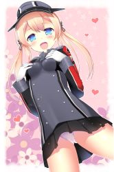 Rule 34 | 10s, 1girl, anchor hair ornament, blonde hair, blue eyes, blush, breasts, cowboy shot, gloves, hair ornament, hat, heart, kantai collection, long hair, long sleeves, looking at viewer, microskirt, military, military uniform, open mouth, panties, peaked cap, pikazo, pleated skirt, prinz eugen (kancolle), skirt, small breasts, smile, solo, twintails, underwear, uniform, white gloves, white panties