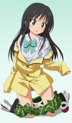Rule 34 | 00s, 1girl, age regression, aged down, black hair, blush, brown eyes, clothes pull, highres, kotegawa yui, long hair, md5 mismatch, no pants, oversized clothes, panties, panty pull, school uniform, shoes, single shoe, skirt, skirt pull, socks, solo, sweat, to love-ru, toshi (anime coloring), underwear, undressing, uwabaki, vector trace