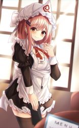 Rule 34 | 1girl, 7saki, alternate costume, apron, bad id, bad pixiv id, black dress, black thighhighs, blurry, blurry foreground, blush, bow, breasts, cleavage, closed mouth, commentary request, cowboy shot, dress, dutch angle, enmaided, finger to own chin, frills, hair ornament, hairpin, hat, hat bow, highres, holding, holding notebook, index finger raised, indoors, juliet sleeves, light rays, long hair, long sleeves, looking at viewer, maid, medium breasts, mob cap, name tag, notebook, pen, pink eyes, pink hair, puffy sleeves, saigyouji yuyuko, sidelocks, smile, solo, standing, thighhighs, touhou, triangular headpiece, wall, white apron, white bow, white hat, window, zettai ryouiki