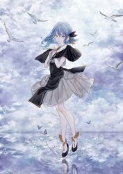 Rule 34 | 1girl, anklet, bird, bird request, black capelet, black tabard, blue eyes, blue hair, brooch, bug, butterfly, buttons, capelet, ciel (kamitsubaki studio), cloud, cloudy sky, commentary, cropped shirt, floating hair, flock, full body, grey shirt, grey skirt, hair ornament, hands on own chest, hands up, high heels, highres, insect, jewelry, kamitsubaki studio, looking at viewer, neck tassel, parted lips, reflection, reflective water, shirone (coxo ii), shirt, skirt, sky, solo, splashing, standing, standing on liquid, symbol-only commentary, tabard, tassel, tassel hair ornament, virtual youtuber