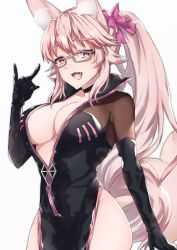 Rule 34 | 1girl, absurdres, animal ear fluff, animal ears, black bodysuit, blush, bodysuit, bow, breasts, center opening, choker, cleavage, fang, fate/grand order, fate (series), fox ears, fox girl, fox shadow puppet, fox tail, glasses, hair between eyes, hair bow, highres, hip vent, koyanskaya (assassin) (first ascension) (fate), koyanskaya (fate), large breasts, long hair, looking at viewer, open mouth, pink bow, pink hair, ponytail, sidelocks, smile, solo, tail, tamamo (fate), thighs, yellow eyes, yu sakae