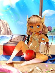 Rule 34 | 10s, 1girl, absurdres, bare arms, bare shoulders, barefoot, beach, beads, black bow, black hairband, blue eyes, blue sky, blunt bangs, bow, child, cloud, collarbone, cooler, covered navel, day, dragon girl, dragon horns, dragon tail, eyebrows, feet, female focus, food, hair beads, hair bow, hair ornament, hairband, highres, holding, holding food, horns, ice cream, innertube, kanna kamui, kobayashi-san chi no maidragon, light purple hair, long hair, looking at viewer, low twintails, omsi007, one-piece swimsuit, outdoors, rock, saliva, seashell, shell, sitting, sky, solo, swim ring, swimsuit, tail, toes, tongue, tongue out, twintails, water
