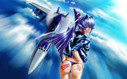 Rule 34 | 1girl, aircraft, airplane, artist name, ass, blue eyes, blue hair, blue jacket, canopy (aircraft), f/a-18e super hornet, fighter jet, from behind, hair intakes, hand on own ass, highres, jacket, jet, looking at viewer, military, military vehicle, mitsurugi meiya, muv-luv, panties, popgun (22882502), purple panties, smile, solo, textless version, underwear, vehicle focus