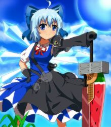 Rule 34 | 1girl, advent cirno, ahoge, anime coloring, black gloves, blue bow, blue dress, blue eyes, blue hair, bow, cirno, closed mouth, commentary request, detached wings, dress, feet out of frame, fusion swords, gloves, hair bow, hand on hilt, hand on own hip, highres, ice, ice wings, looking at viewer, outdoors, short sleeves, shoulder guard, smile, solo, standing, touhou, wings, yatsuchi (mi)