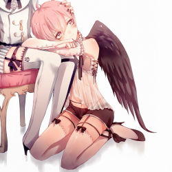 Rule 34 | 2boys, babydoll, bananaxcs7, bare shoulders, boots, bow, chair, child, choker, crossdressing, elbow gloves, feathered wings, garter straps, gloves, head out of frame, headpat, high heels, lap pillow, multiple boys, nail polish, navel, original, panty straps, pink eyes, pink hair, short hair, short shorts, shorts, sitting, thigh boots, thighhighs, trap, white legwear, wings