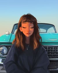 Rule 34 | 1girl, brown hair, car, chevrolet, closed eyes, day, facing viewer, highres, jewelry, lips, long hair, long sleeves, motor vehicle, necklace, outdoors, parted lips, photo-referenced, real life, sam yang