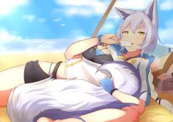 Rule 34 | 1girl, absurdres, animal ears, arknights, beach, blue gloves, blue sky, breasts, cleavage, cloud, commentary request, day, food, gloves, highres, hinanawi mika, holding, holding food, large tail, looking at viewer, lying, official alternate costume, on back, outdoors, popsicle, provence (arknights), provence (casual vacation) (arknights), short hair, silver hair, single glove, sky, solo, tail, wolf ears, wolf tail, yellow eyes