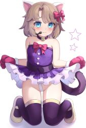 Rule 34 | 1girl, absurdres, animal ears, animal hands, aqua eyes, blush, bow, bowtie, cameltoe, cat (nyanko daisensou), cat ears, cat paws, cat tail, dress, embarrassed, highres, idol clothes, kneehighs, lifting own clothes, looking at viewer, microphone, nekopurin (nyanko prin), neneko (nyanko daisensou), nyanko daisensou, panties, purple dress, red bow, red bowtie, see-through, see-through panties, shoes, socks, star (symbol), tail, underwear