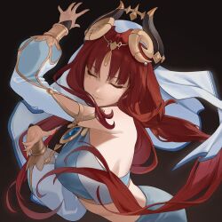 Rule 34 | 1girl, arm up, armpits, blue gemstone, blue skirt, blunt bangs, bracer, breasts, brooch, circlet, closed eyes, closed mouth, dancing, dark background, detached sleeves, facing ahead, fake horns, gem, genshin impact, gold trim, hands up, harem outfit, highres, horns, jewelry, long hair, long sleeves, low twintails, medium breasts, midriff, nilou (genshin impact), parted bangs, puffy long sleeves, puffy sleeves, red hair, ricin, sidelocks, skirt, solo, twintails, upper body, veil, white headdress, white veil