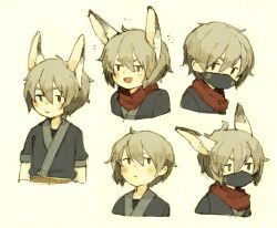 Rule 34 | 1boy, :d, ahoge, animal ears, closed mouth, commentary request, covered mouth, cropped torso, dot nose, grey hair, jitome, male focus, maniani, mask, mouth mask, multiple views, ninja mask, no sclera, open mouth, original, rabbit ears, red scarf, scarf, short hair, short sleeves, simple background, smile, smug, yasuke (maniani)