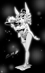 Rule 34 | animal ears, black leotard, bottle, bow, breasts, cleavage, commentary request, covered navel, detached collar, drill hair, eyewear on head, fake animal ears, fake tail, fishnet legwear, fishnets, full body, glass, greyscale, hat, hat bow, high heels, highres, holding, holding tray, jacket, leaning forward, leotard, mini hat, mini top hat, monochrome, open mouth, pantyhose, pedal, playboy bunny, rabbit ears, rabbit tail, ribbon, round eyewear, standing, strapless, strapless leotard, sunglasses, tail, tanasuke, top hat, touhou, tray, twin drills, wrist cuffs, yorigami jo&#039;on