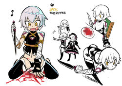 Rule 34 | 10s, 3girls, bandages, bandaged arm, bandages, bare shoulders, black dress, black legwear, black panties, blood, blood on face, blood splatter, braid, censored, dress, eating, fate/apocrypha, fate/extra, fate/grand order, fate (series), fou (fate), gloves, green eyes, hat, humming, jack the ripper (fate/apocrypha), knife, looking at viewer, mash kyrielight, mosaic censoring, multiple girls, nursery rhyme (fate), panties, scar, sen-jou, short hair, silver hair, simple background, smile, thighhighs, underwear, weapon, white background
