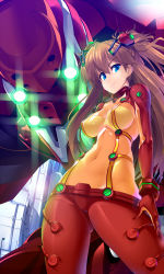 Rule 34 | 00s, 1girl, absurdres, blue eyes, bodysuit, brown hair, curvy, eva 02, evangelion: 2.0 you can (not) advance, hand on thigh, highres, long hair, md5 mismatch, mecha, multicolored clothes, neon genesis evangelion, plugsuit, potion (moudamepo), rebuild of evangelion, red bodysuit, robot, see-through, see-through bodysuit, shiny clothes, skin tight, smile, souryuu asuka langley, test plugsuit, very long hair, wide hips