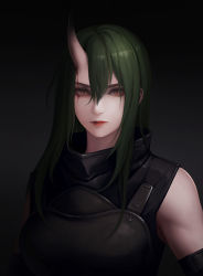 Rule 34 | 1girl, absurdres, arknights, armor, bad id, bad pixiv id, black background, breastplate, brown eyes, expressionless, eyelashes, green hair, hair between eyes, hc (user tem2272), high collar, highres, horns, hoshiguma (arknights), long hair, looking at viewer, red lips, scar, scar across eye, scar on face, shirt, single horn, sleeveless, sleeveless shirt, solo, upper body