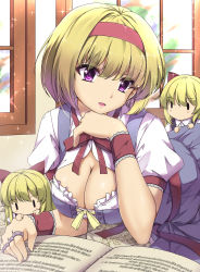 Rule 34 | 3girls, :d, absurdres, alice margatroid, alternate eye color, blonde hair, blue dress, blush, blush stickers, book, breasts, cleavage, cleavage cutout, clothing cutout, commentary request, dress, frills, hairband, highres, indoors, large breasts, lips, looking at viewer, lying, mini person, minigirl, multiple girls, on bed, on stomach, open book, open mouth, pinafore dress, puffy short sleeves, puffy sleeves, purple eyes, reading, red hairband, red ribbon, ribbon, shanghai doll, sheita, shirt, short hair, short sleeves, sleeveless, sleeveless dress, smile, solid oval eyes, sparkle, touhou, white shirt, window, wrist cuffs
