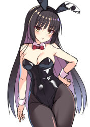 Rule 34 | 1girl, alternate costume, animal ears, aria (koiiroharemoyou), arm at side, bare shoulders, black leotard, black pantyhose, blush, bow, bowtie, breasts, cafe stella to shinigami no chou, cleavage, collar, commentary, cowboy shot, curvy, detached collar, eyelashes, eyes visible through hair, fake animal ears, groin, hair between eyes, hand on own hip, head tilt, leotard, long hair, looking at viewer, medium breasts, mole, mole under eye, open mouth, pantyhose, playboy bunny, rabbit ears, red bow, red bowtie, shiki natsume, simple background, solo, standing, straight hair, v-shaped eyebrows, very long hair, white background, white collar, white wrist cuffs, wrist cuffs, yellow eyes